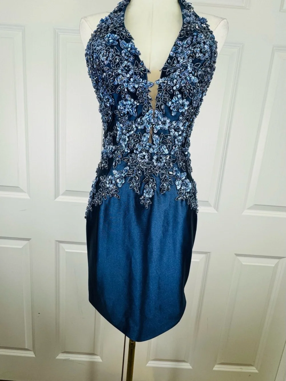 Jovani Beaded Halter Mini Dress Size 4 NWT Blue Embellished Cocktail  Homecoming